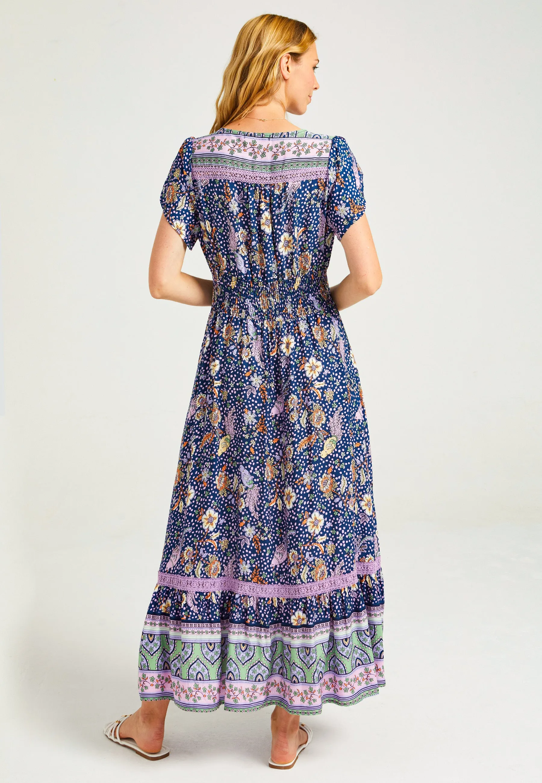 Floral Summer Maxi Dress with Elasticated Waist in Navy