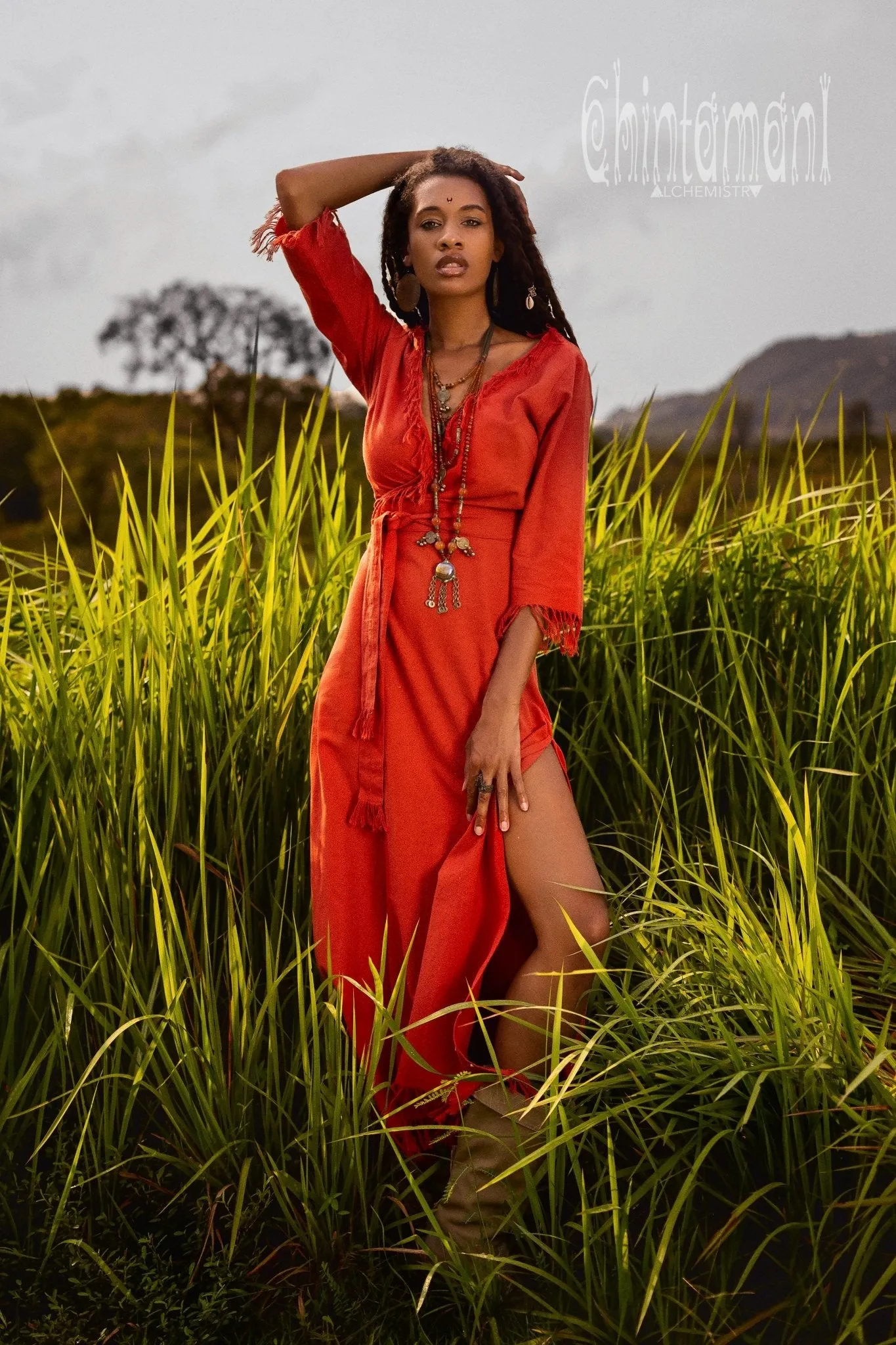 Fringe Wrap Boho Dress - 3/4 Sleeves, Cotton / Red Ochre