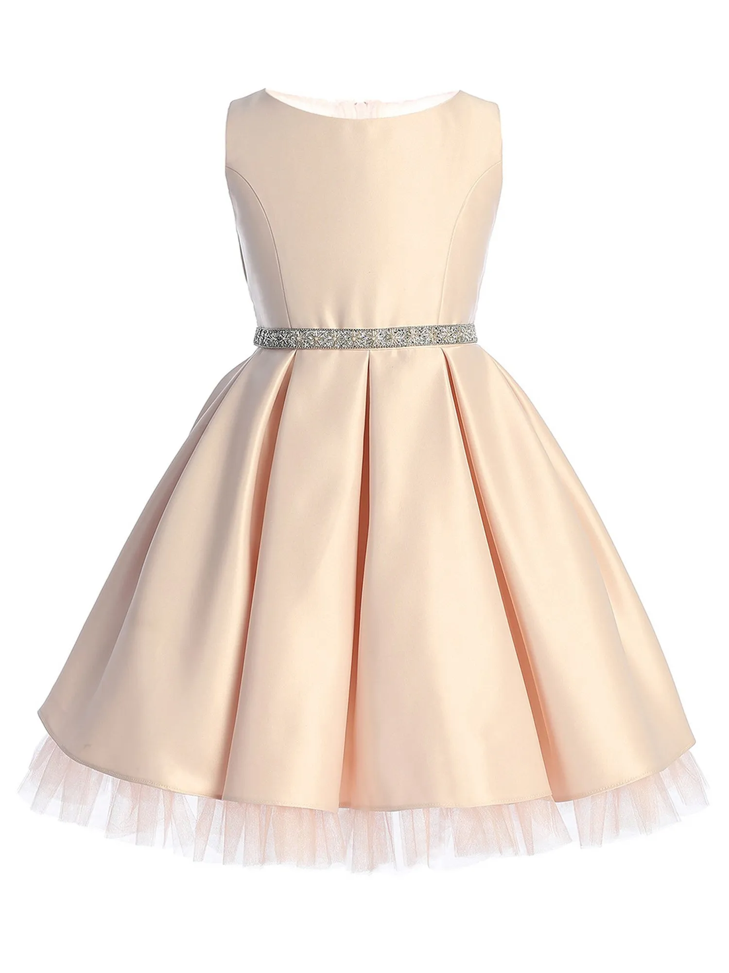 Girls Satin Dress with Pleated Skirt, Crystal Tulle Hem and Rhinestone Waist Trim, Sizes 2-16