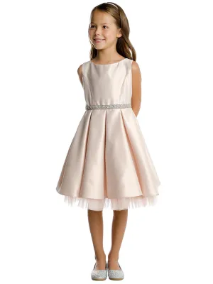 Girls Satin Dress with Pleated Skirt, Crystal Tulle Hem and Rhinestone Waist Trim, Sizes 2-16