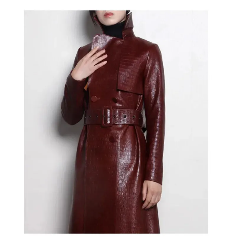 Glossy Autumn Faux Leather Trench Coat