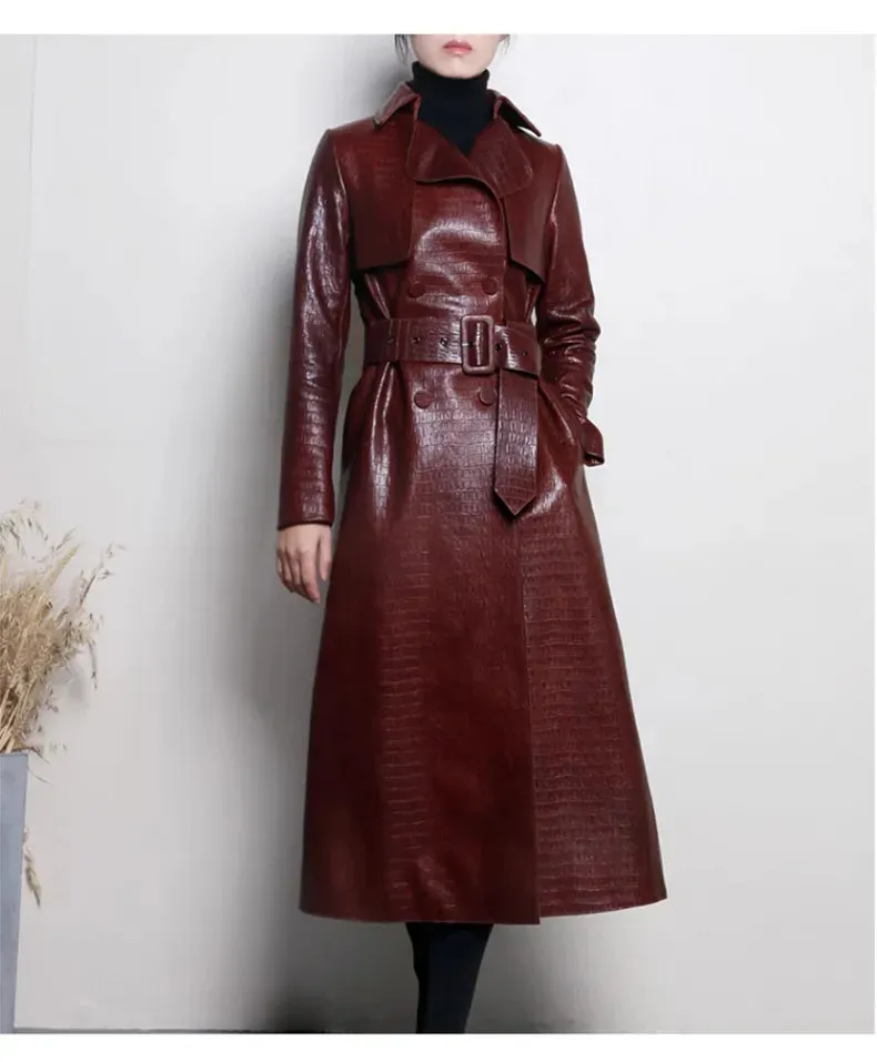 Glossy Autumn Faux Leather Trench Coat