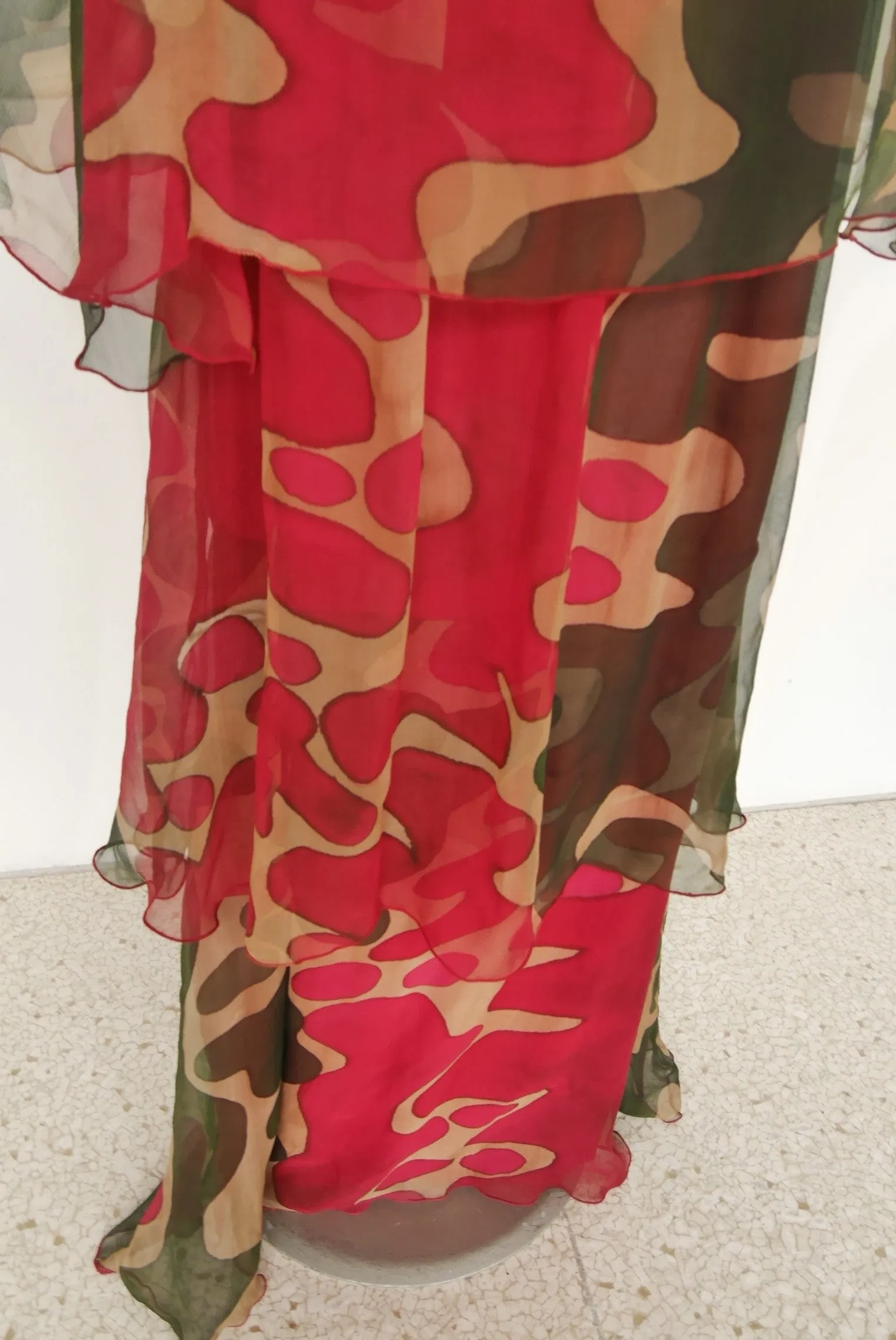 Hanae Mori chiffon kaftan maxi dress, deep v vibrant colors and print.