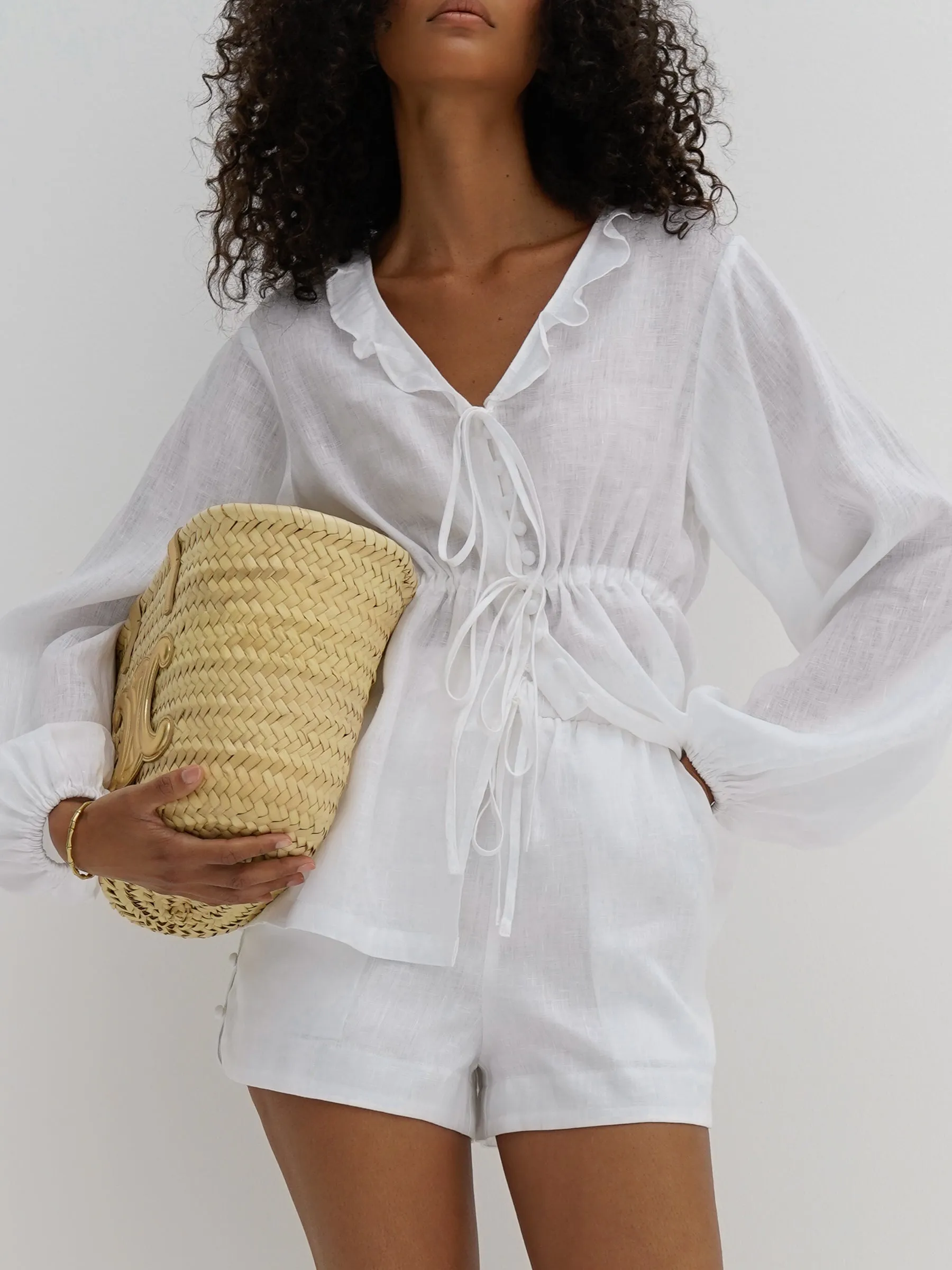 Helena Linen Frill Tie Top | White