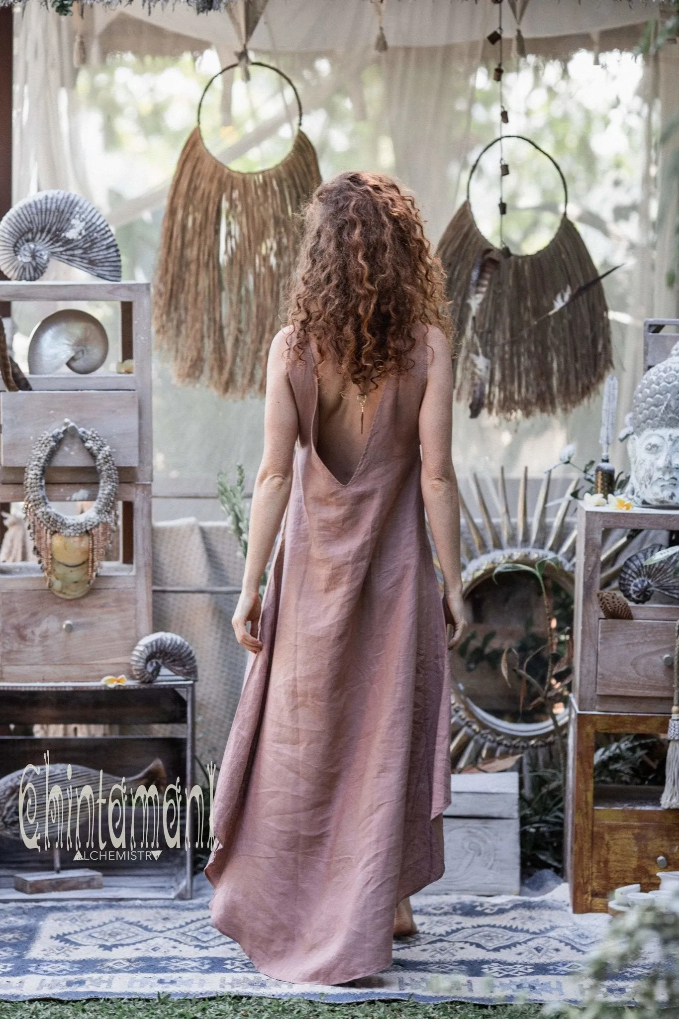 High Low Linen Maxi Dress with Open Back / Dusty Pink