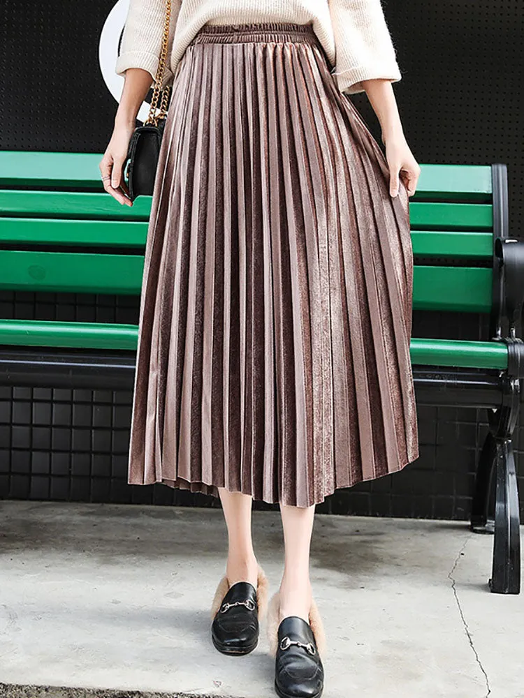 High Waist Pleated Velvet Midi Skirts