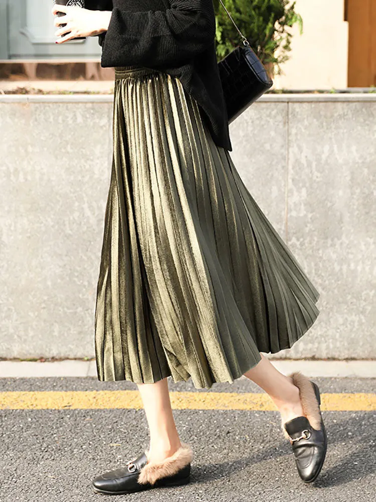 High Waist Pleated Velvet Midi Skirts