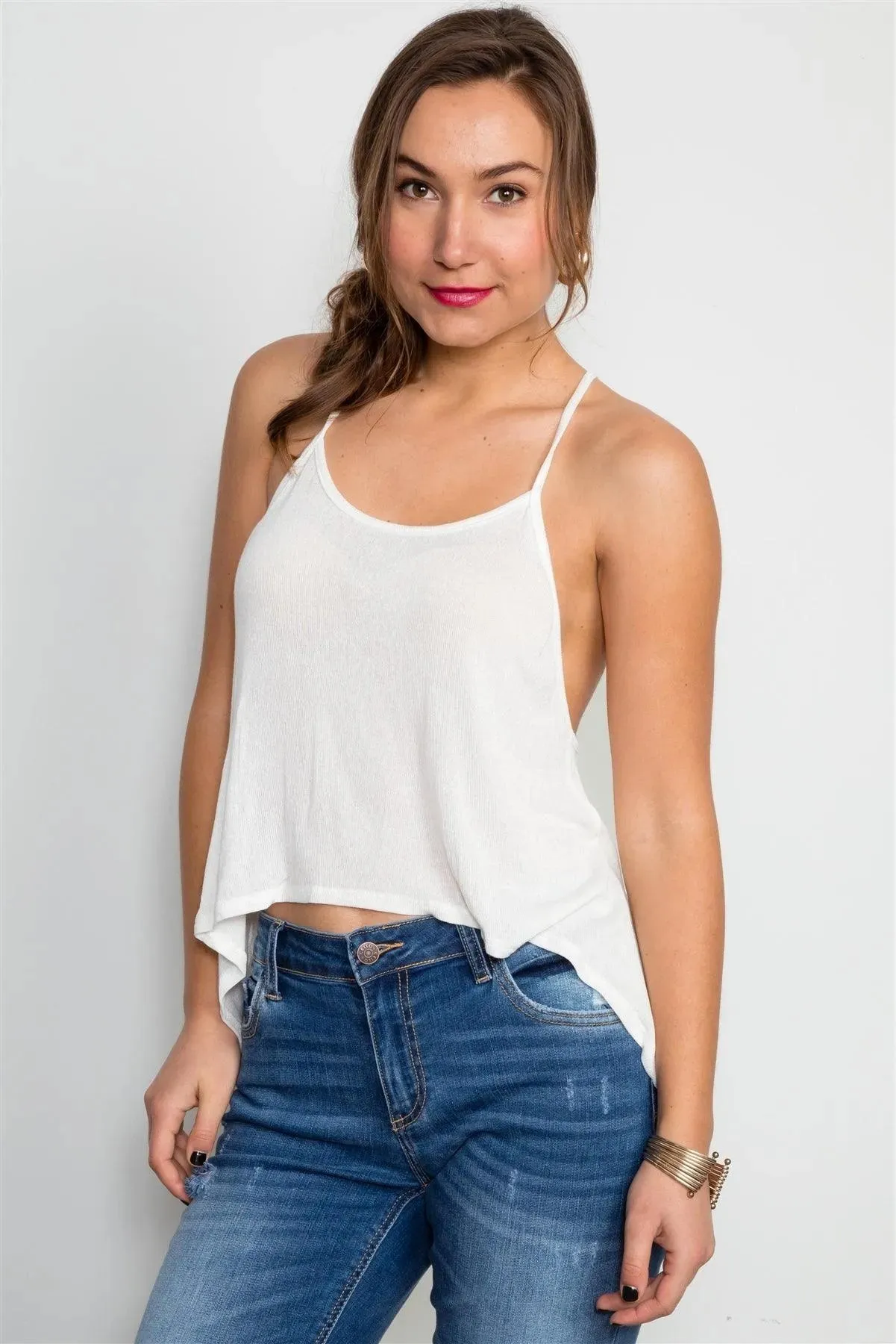 Ivory Spaghetti Strap Woven Loose Crop Top /4-2