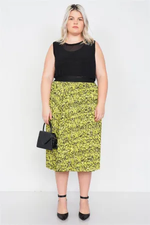 Junior Plus Size Neon Yellow Pleated Animal Print Chic Midi Skirt /2-2-1-1