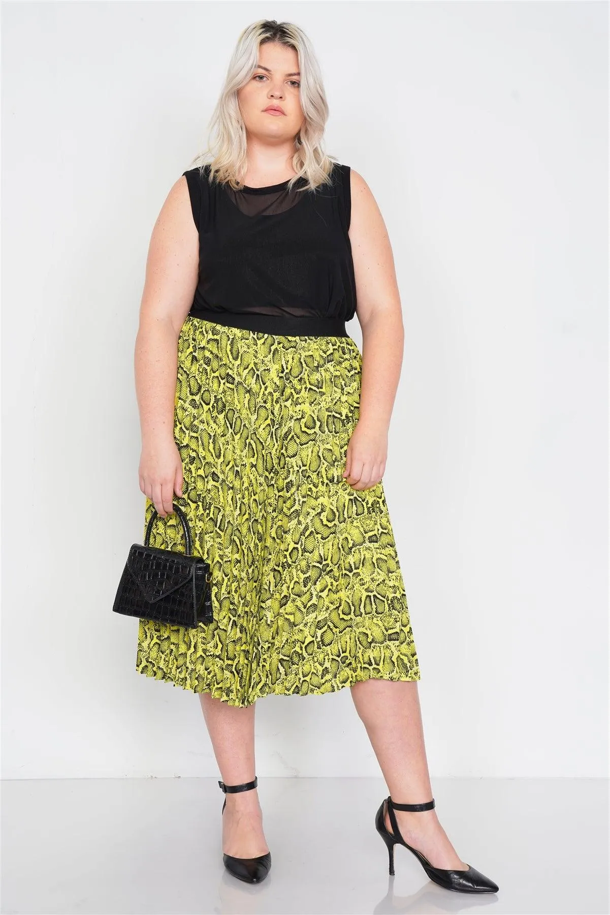 Junior Plus Size Neon Yellow Pleated Animal Print Chic Midi Skirt /2-2-1-1