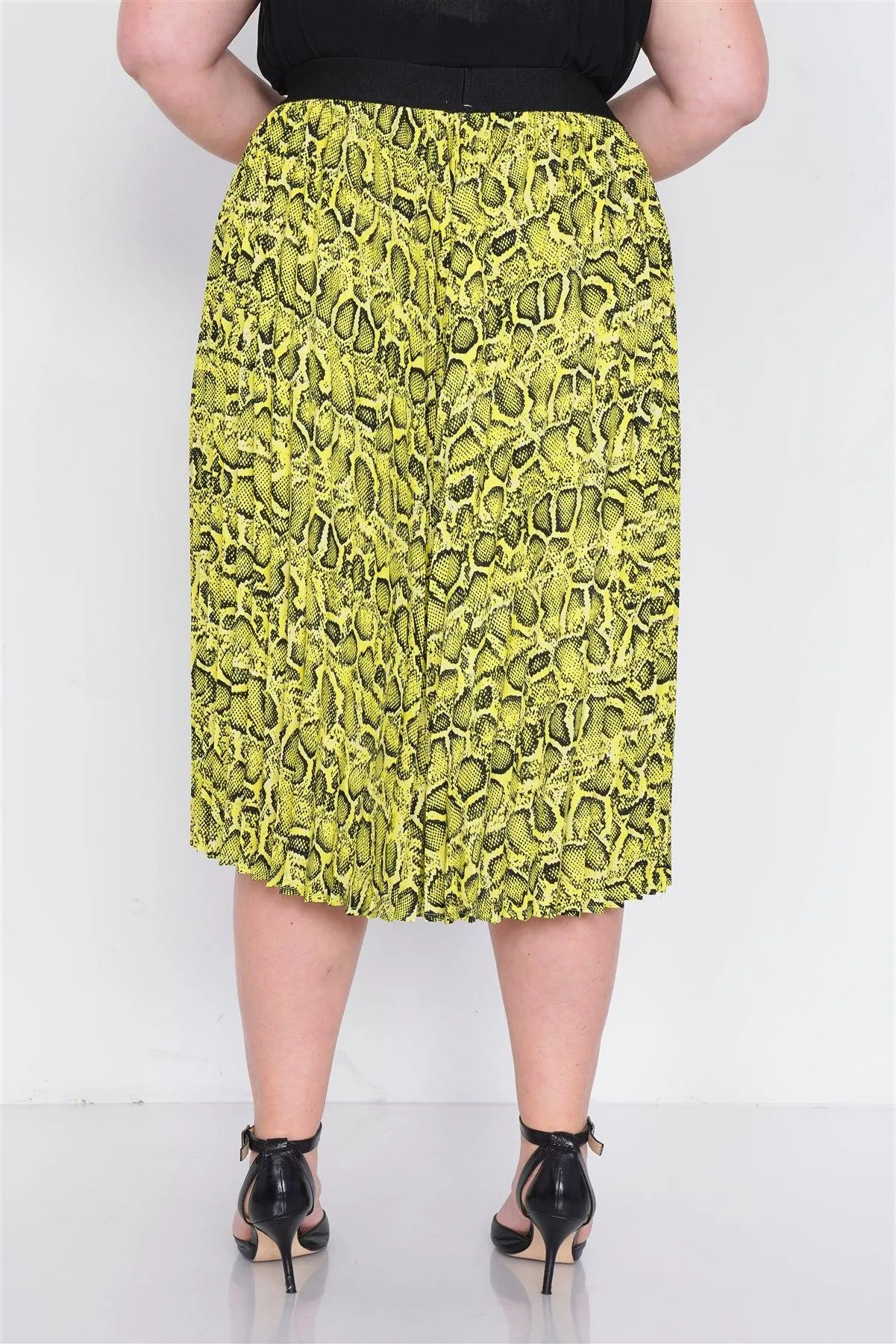 Junior Plus Size Neon Yellow Pleated Animal Print Chic Midi Skirt /2-2-1-1