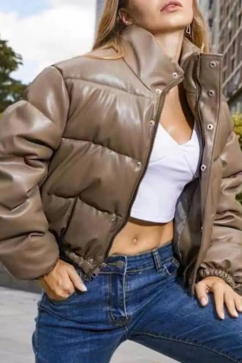 Light Brown Puffer Windbreaker Faux Leather Crop Jacket