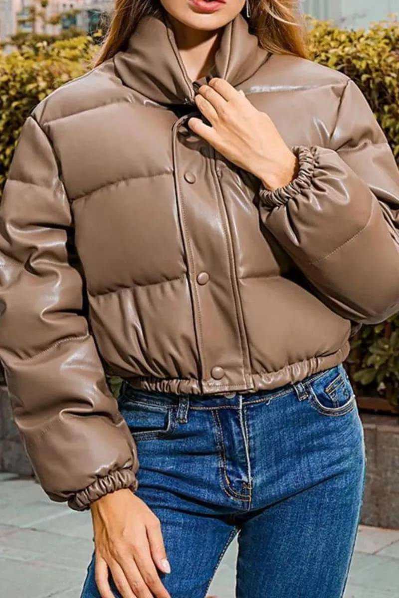 Light Brown Puffer Windbreaker Faux Leather Crop Jacket