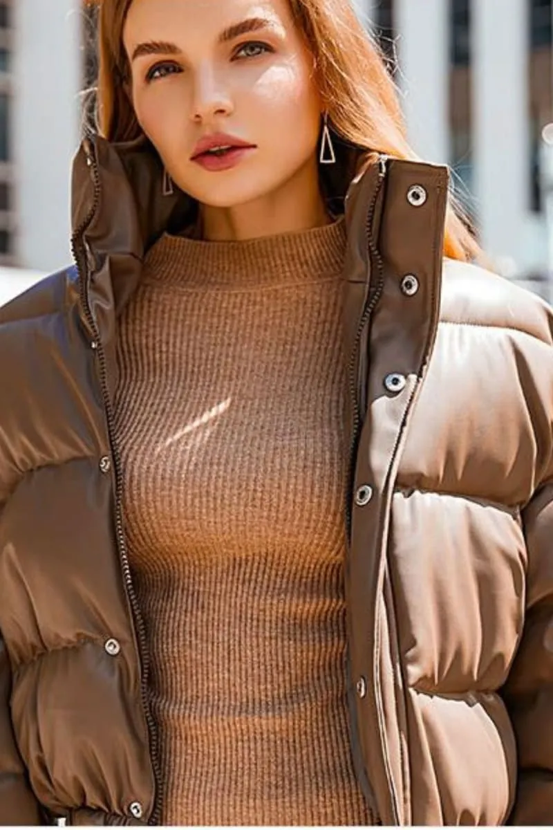 Light Brown Puffer Windbreaker Faux Leather Crop Jacket