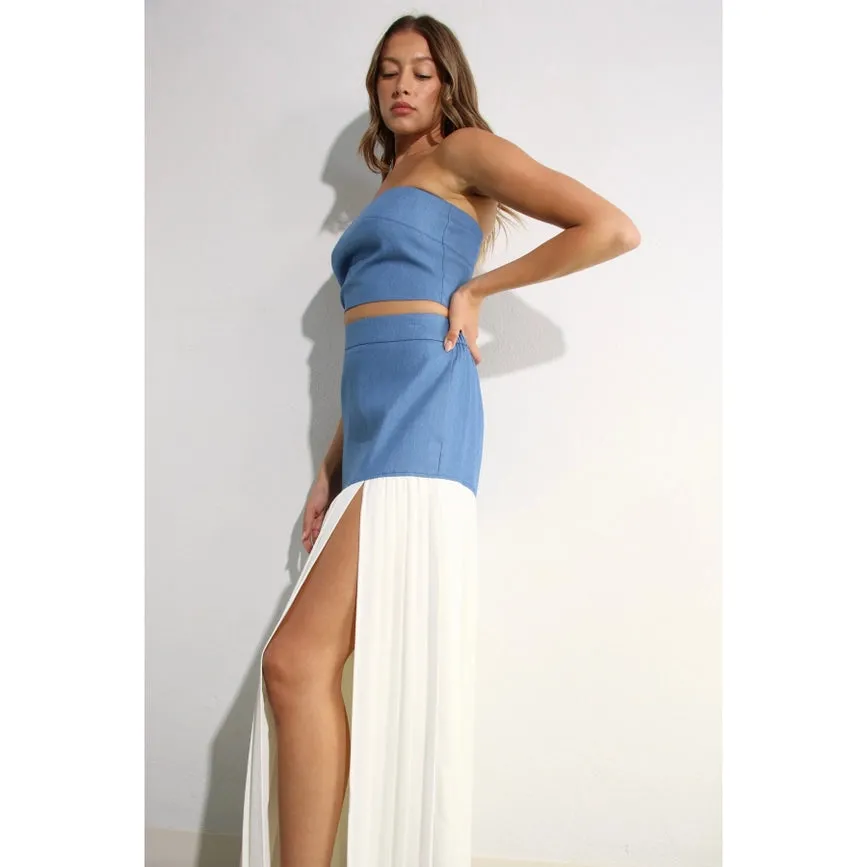 Light Denim Top and Pleated Slit Skirt Set LIGHT DENIM