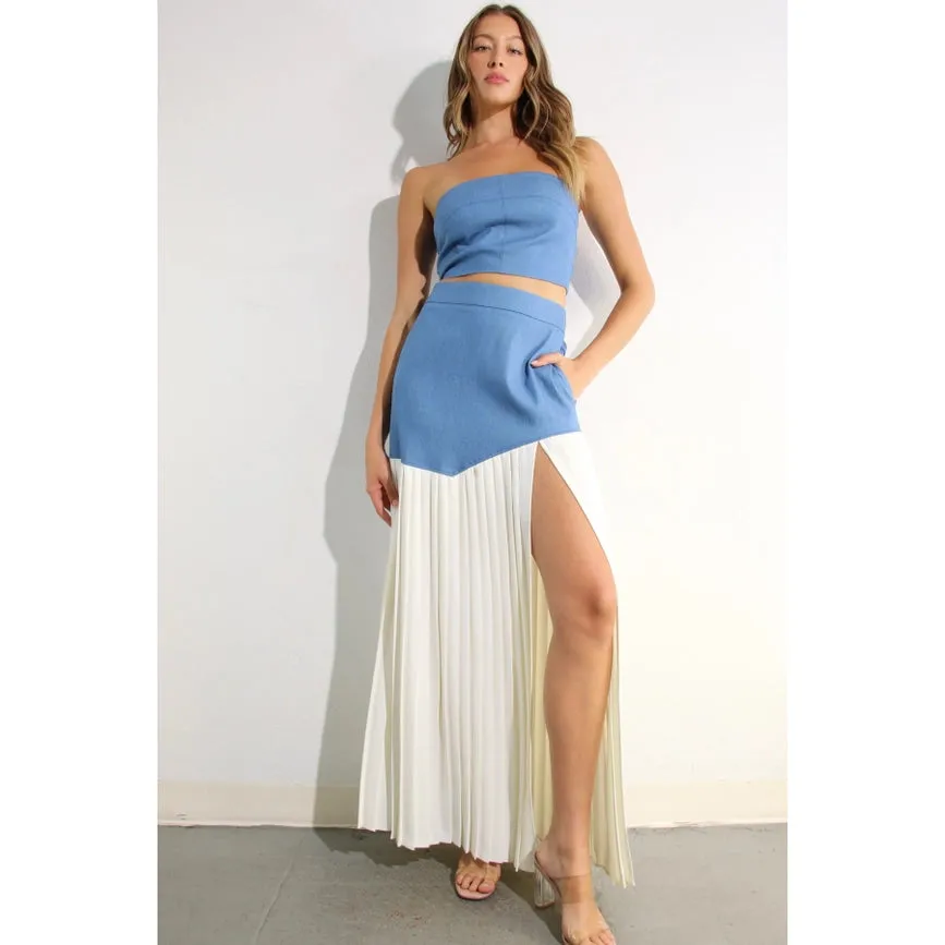 Light Denim Top and Pleated Slit Skirt Set LIGHT DENIM