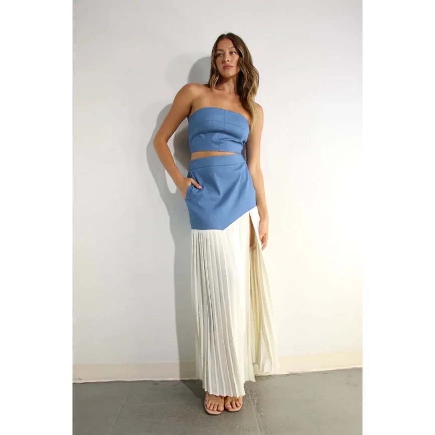 Light Denim Top and Pleated Slit Skirt Set LIGHT DENIM