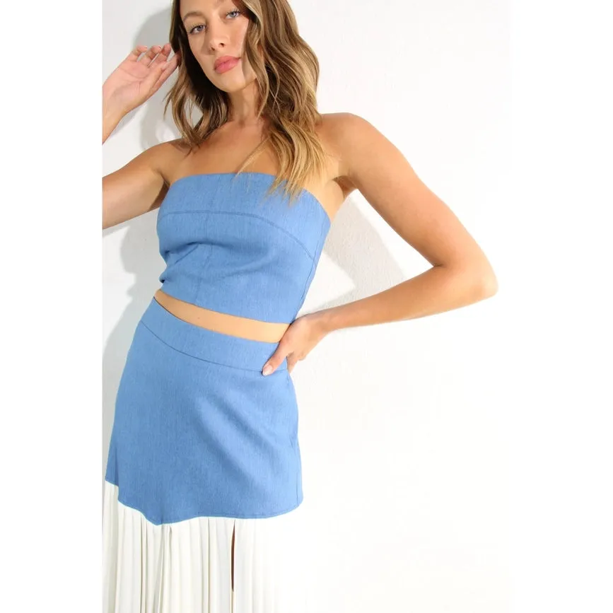 Light Denim Top and Pleated Slit Skirt Set LIGHT DENIM