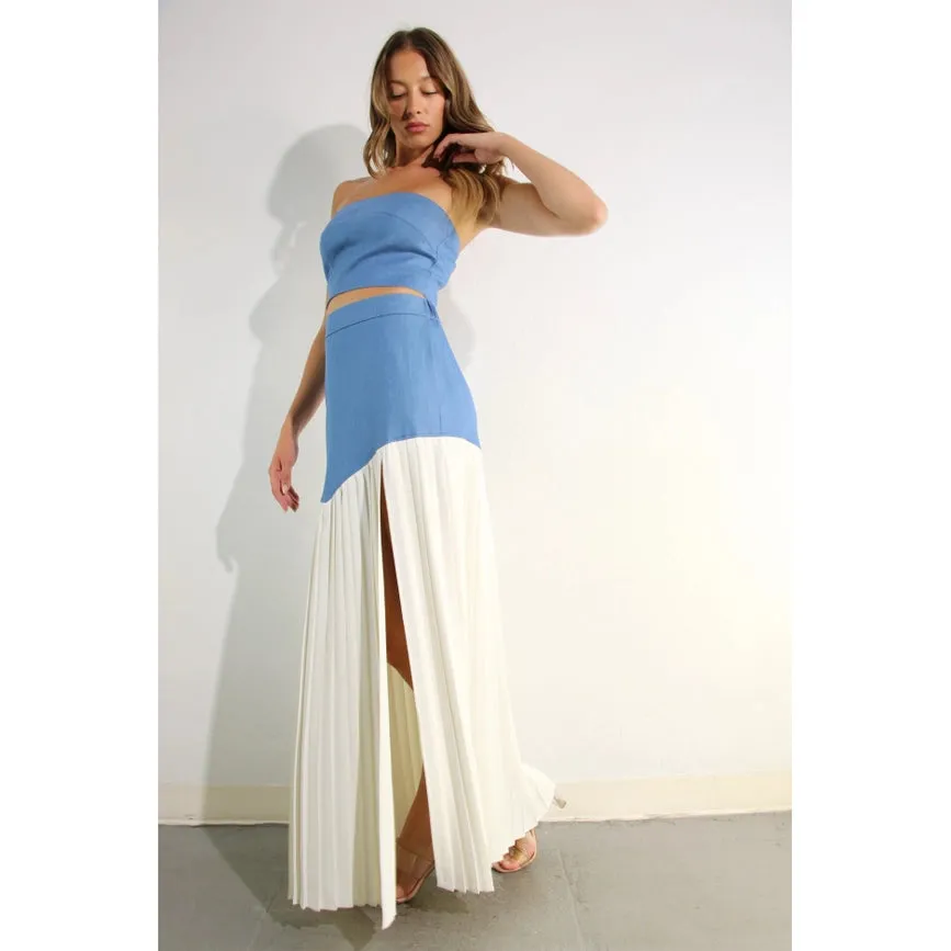 Light Denim Top and Pleated Slit Skirt Set LIGHT DENIM