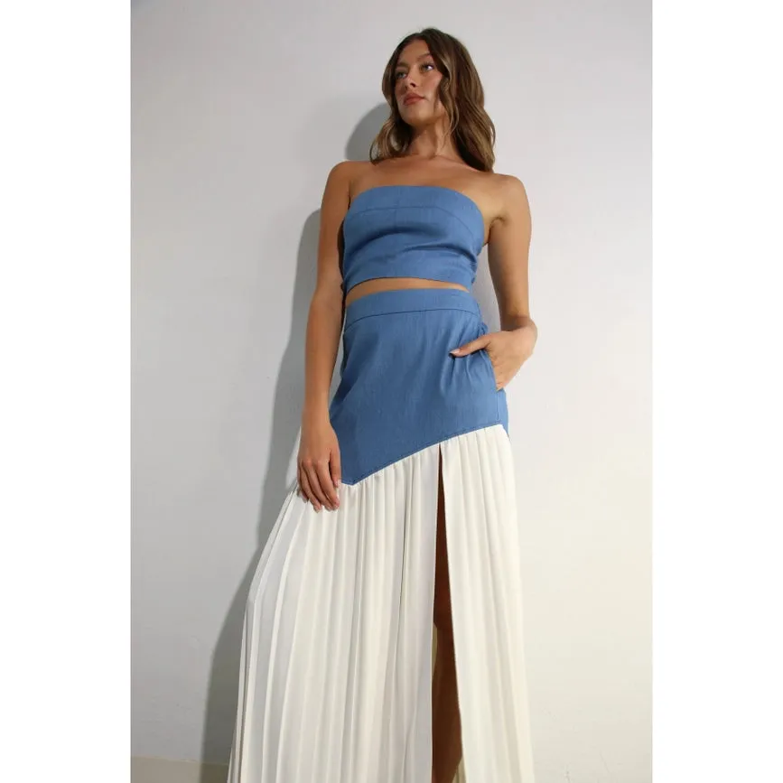 Light Denim Top and Pleated Slit Skirt Set LIGHT DENIM