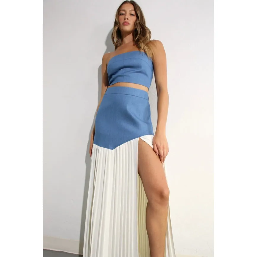 Light Denim Top and Pleated Slit Skirt Set LIGHT DENIM