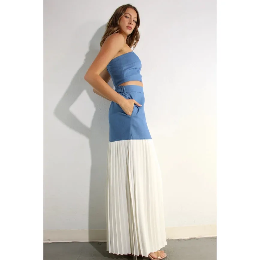 Light Denim Top and Pleated Slit Skirt Set LIGHT DENIM