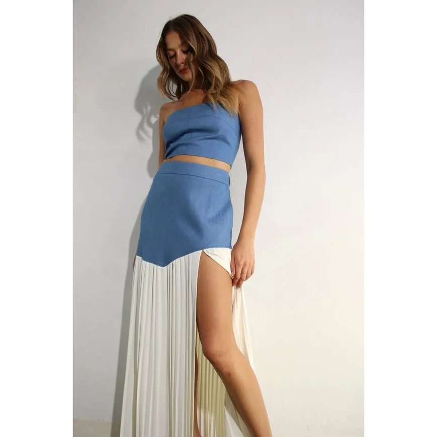 Light Denim Top and Pleated Slit Skirt Set LIGHT DENIM