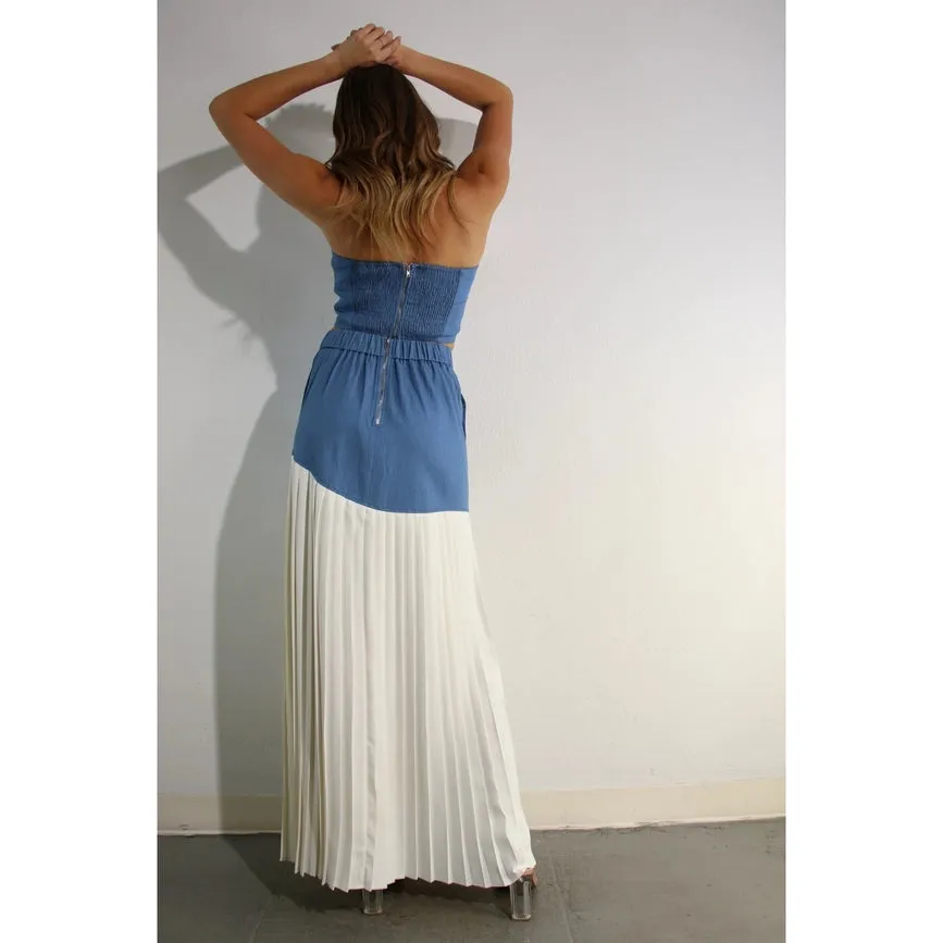 Light Denim Top and Pleated Slit Skirt Set LIGHT DENIM