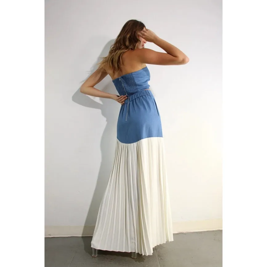 Light Denim Top and Pleated Slit Skirt Set LIGHT DENIM