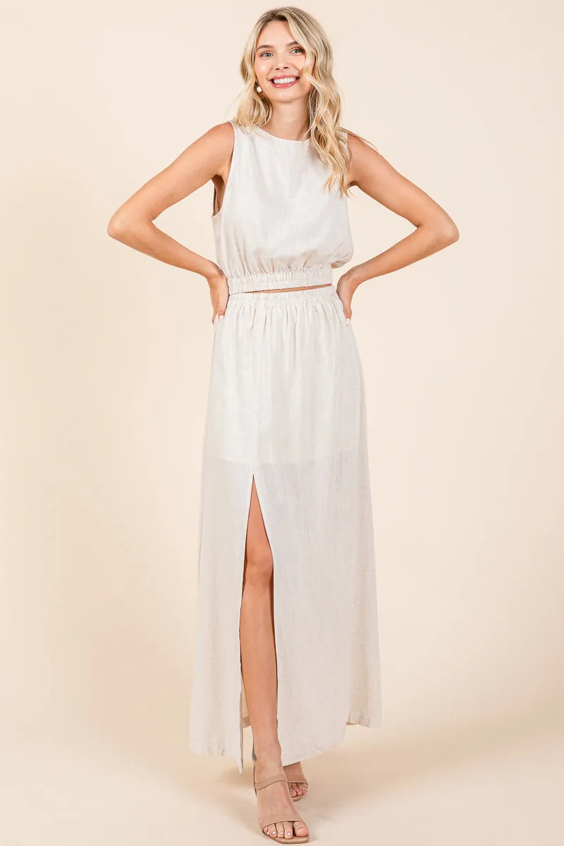 Linen Crop Top and Split Thigh Maxi Skirt Set