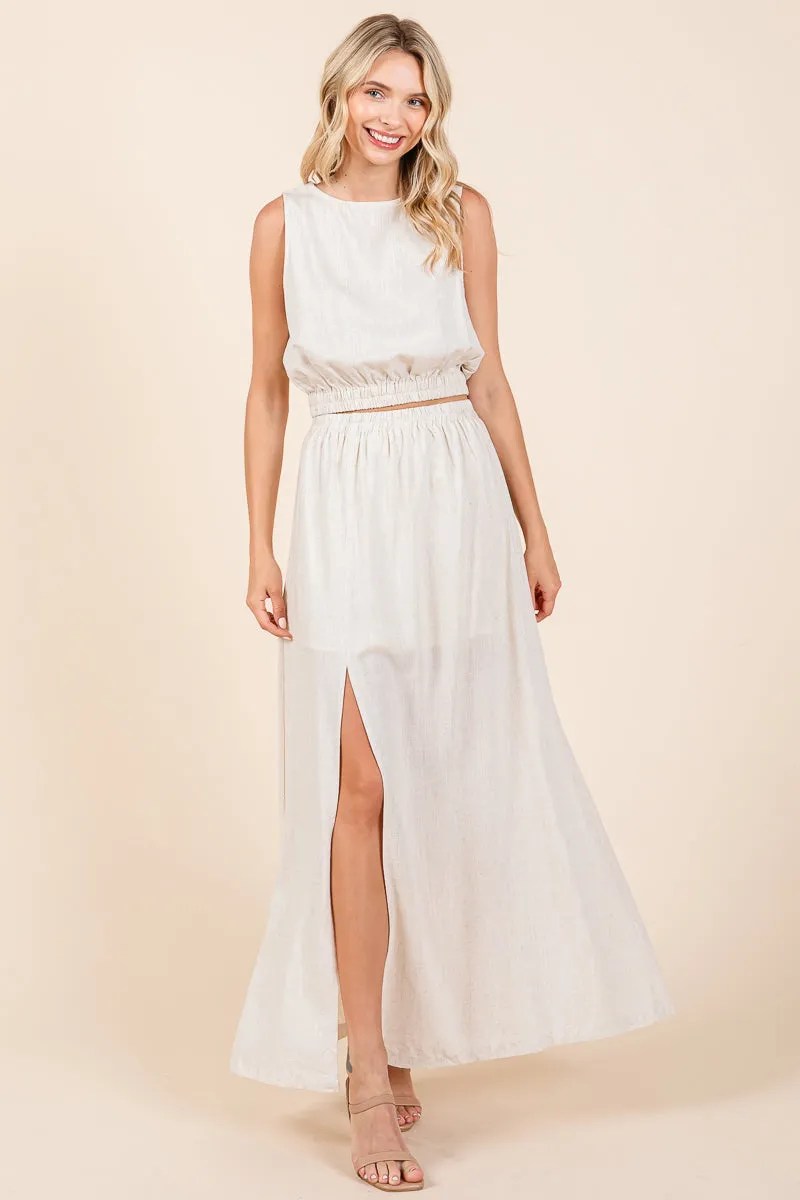 Linen Crop Top and Split Thigh Maxi Skirt Set