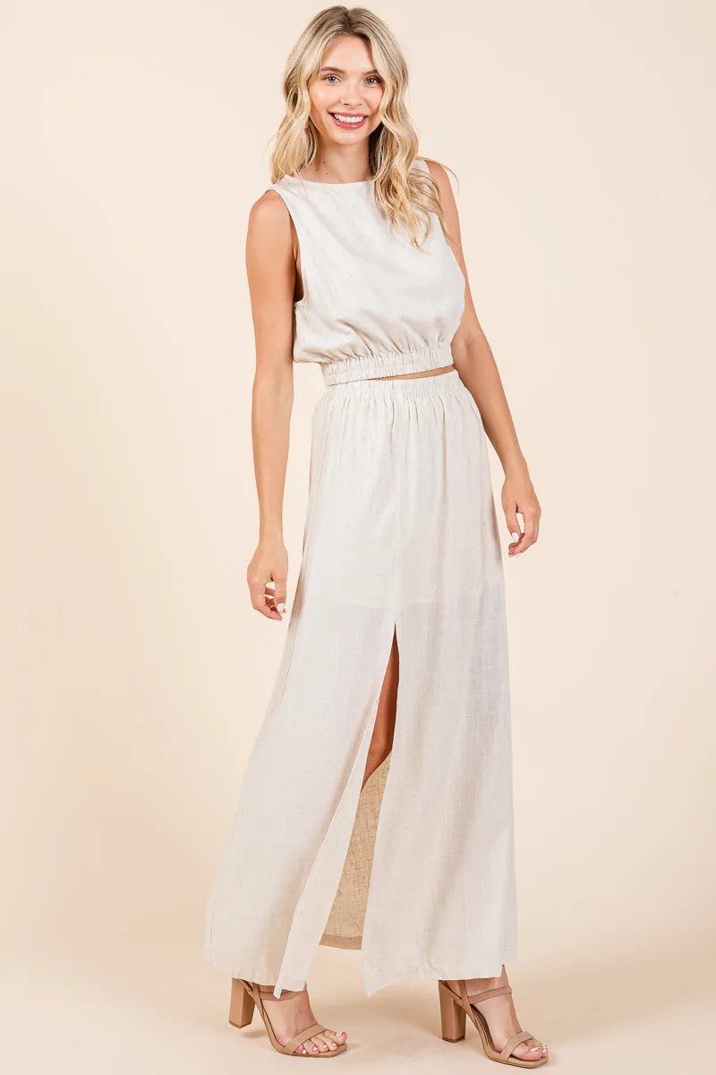 Linen Crop Top and Split Thigh Maxi Skirt Set