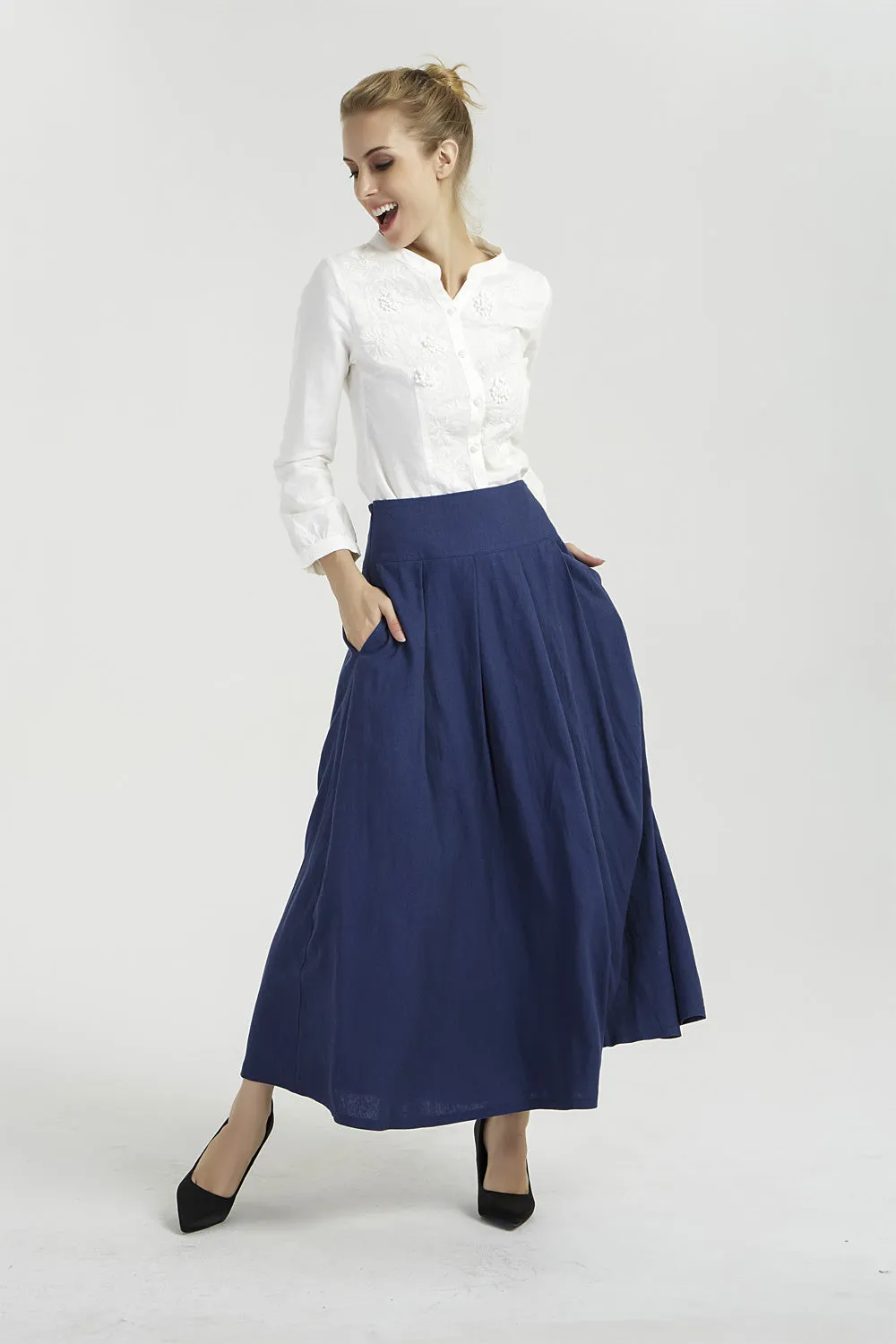 maxi long pleated linen skirt, high waisted skirt 2040