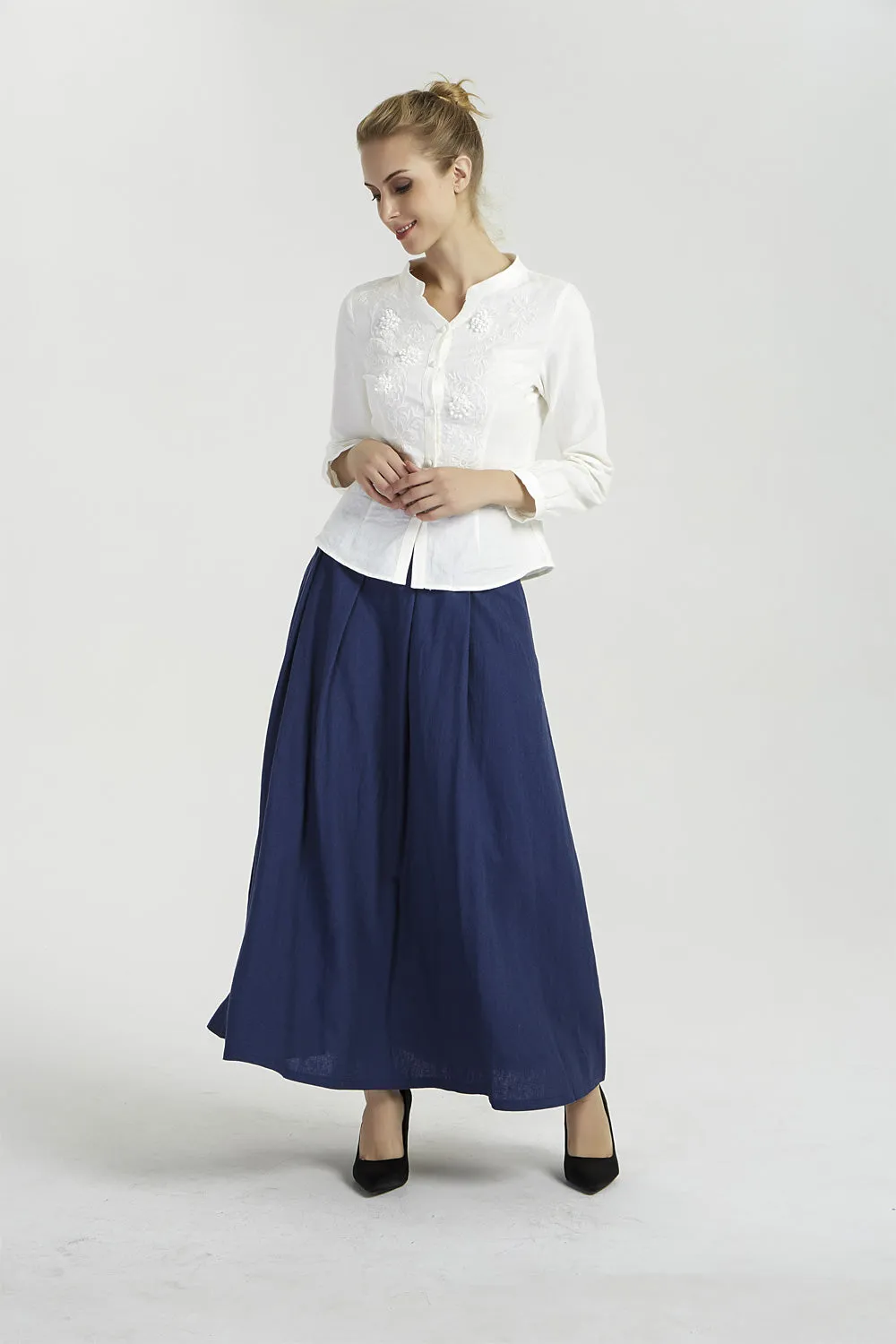 maxi long pleated linen skirt, high waisted skirt 2040