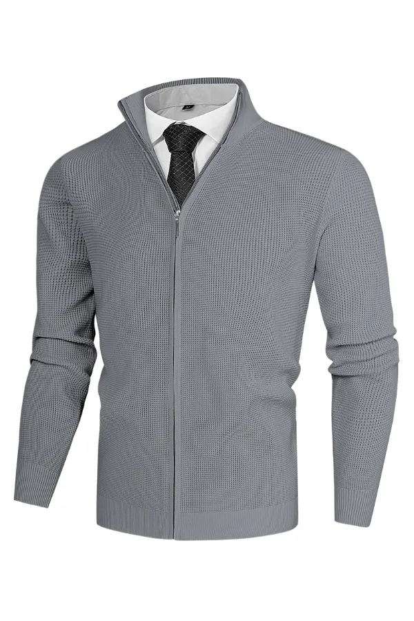 Men Waffle Textured Cardigan Long Sleeve Stand Collar Zip-up Sweater Knitwear