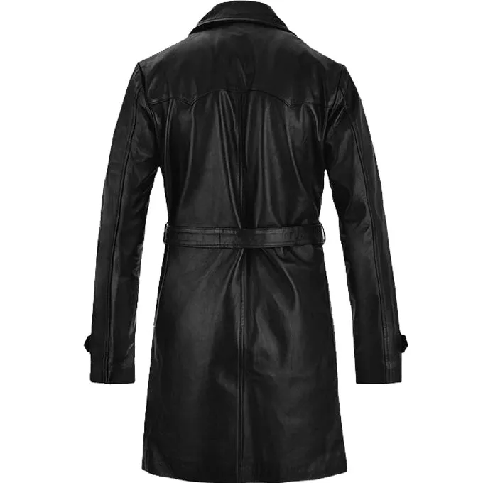 Mens Black Double Brested Leather Trench Coat