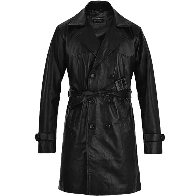 Mens Black Double Brested Leather Trench Coat