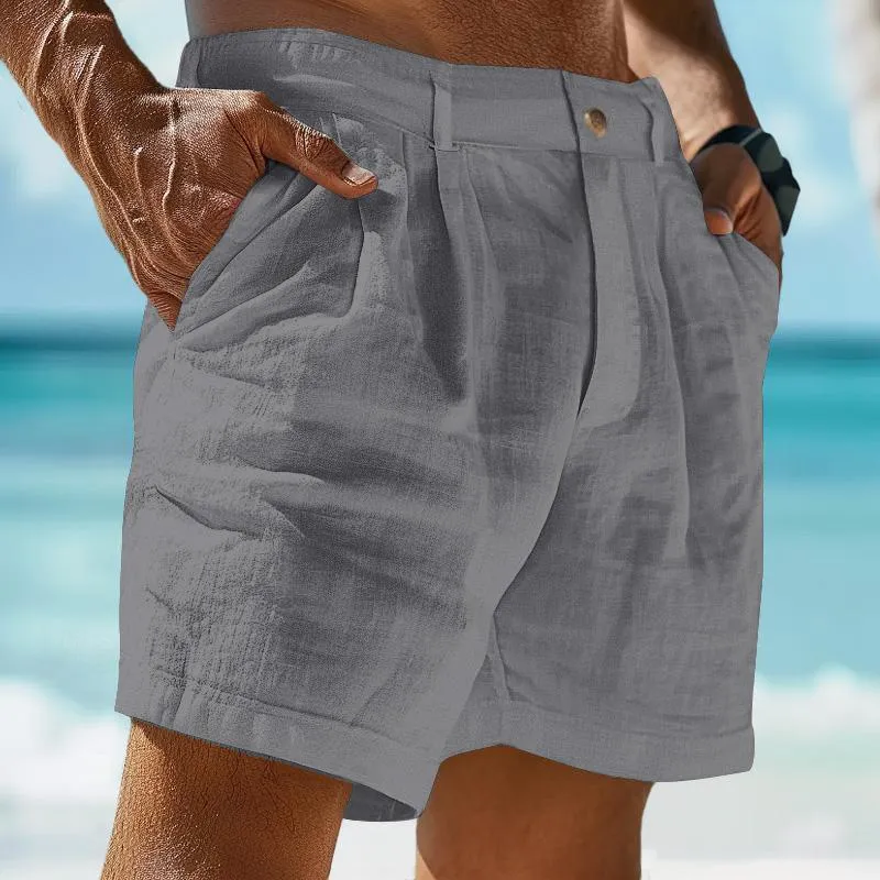 Men's Linen Solid Color Summer Shorts Beach Shorts 61078937X