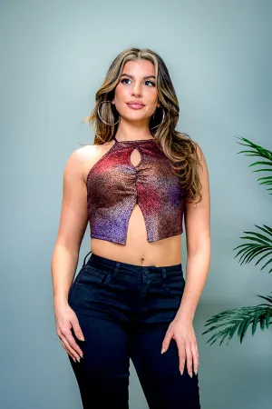 'Metallic Pallette' Halter Neck Crop Top with Keyhole Front and Front Slit in Purple (BT10177-7)