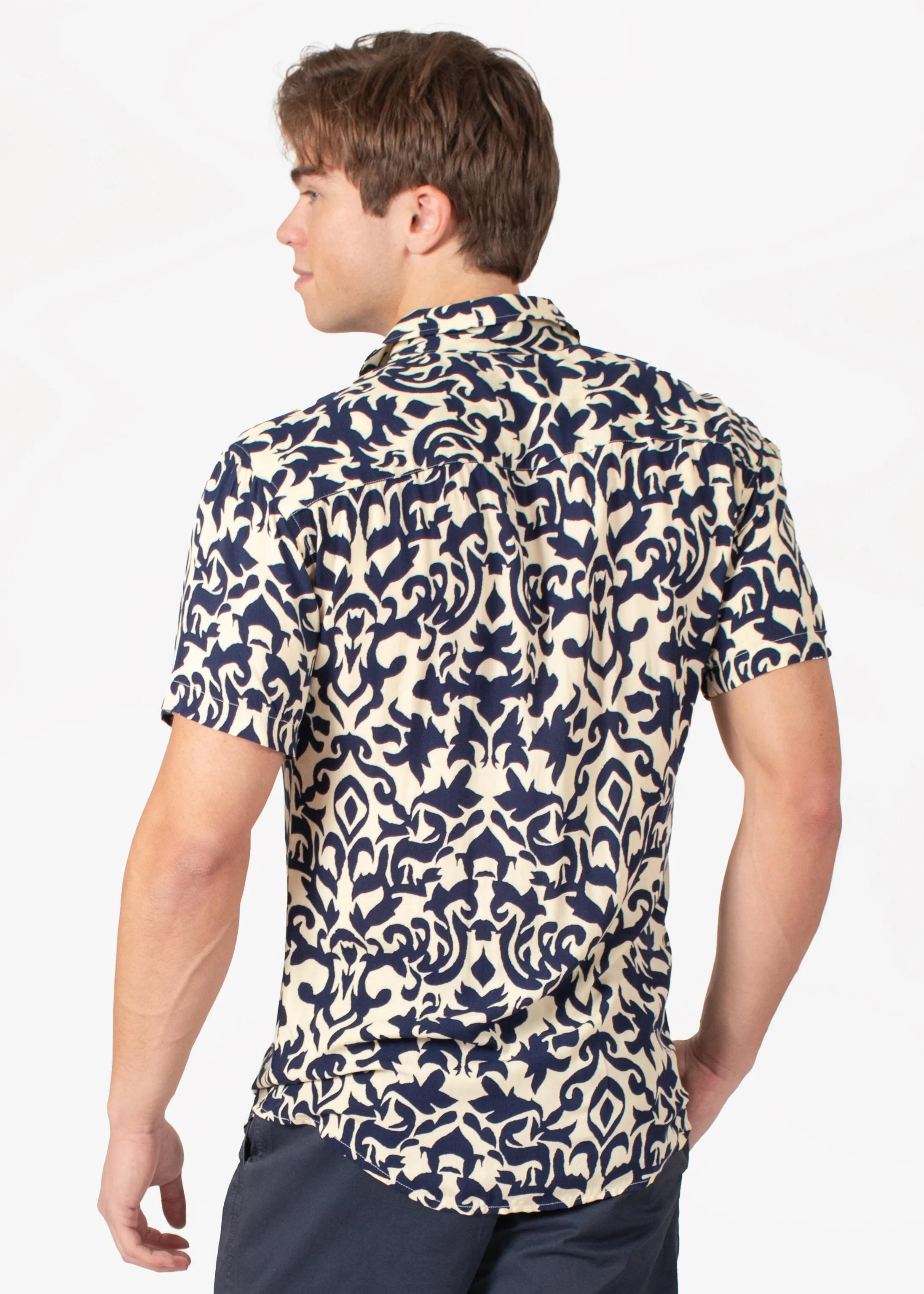 Navy Abstract Button Up Short Sleeve Dress Shirt