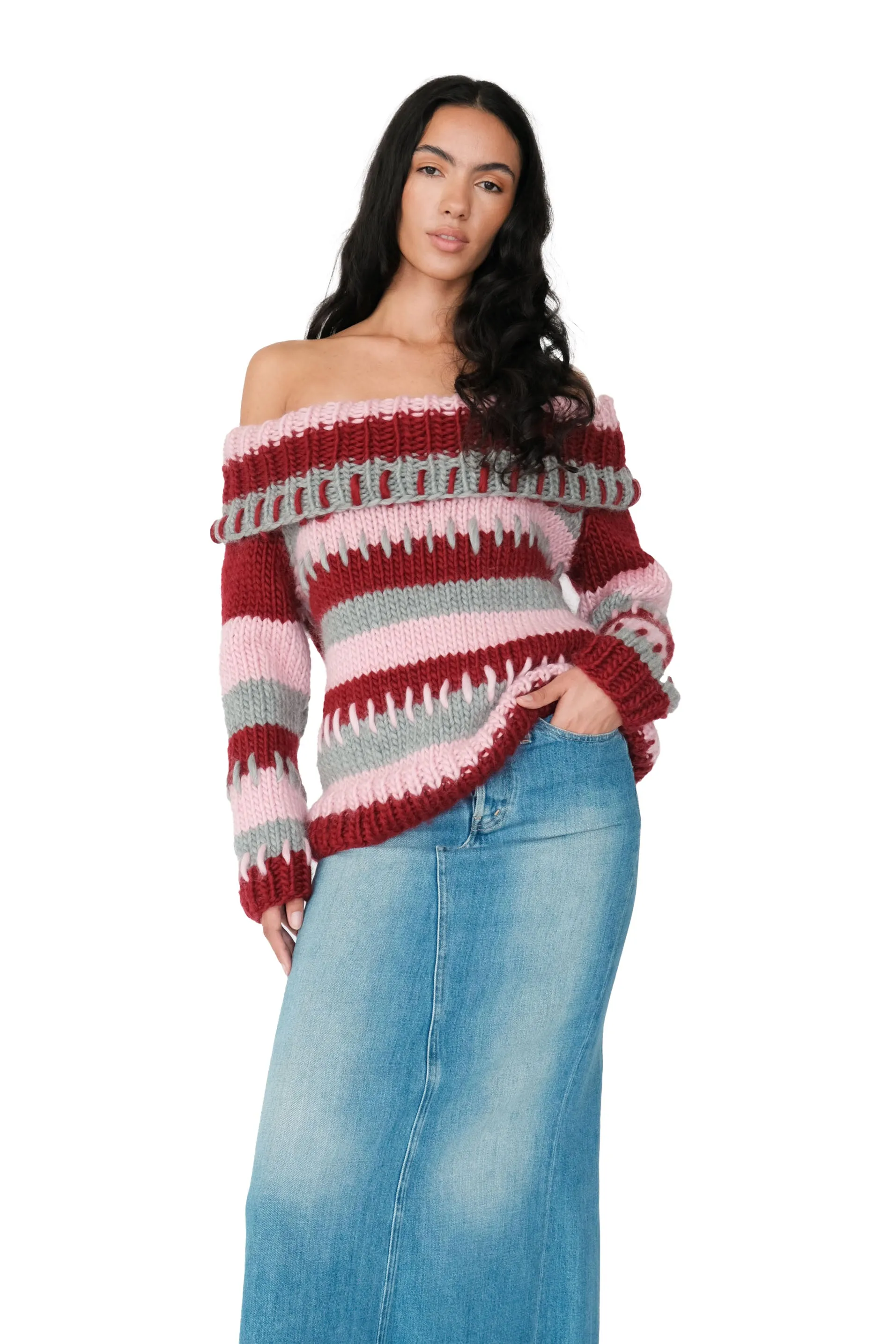 Patchwork Chunky Knit Off The Shoulder Sweater