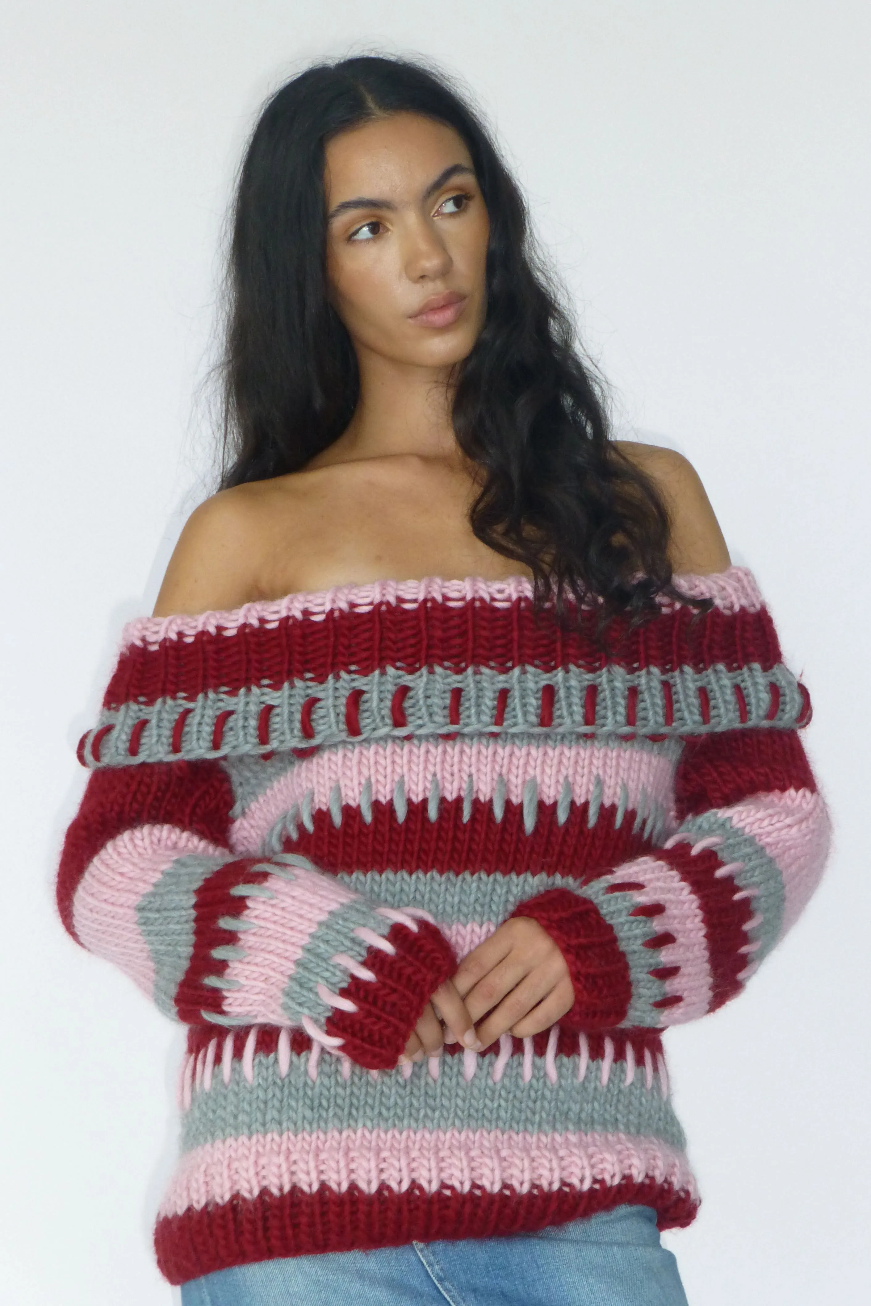 Patchwork Chunky Knit Off The Shoulder Sweater