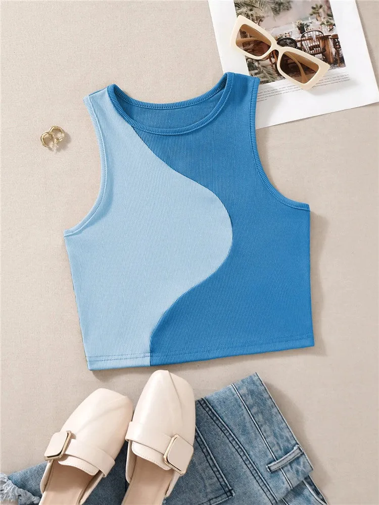 Patchwork Rib Knit Sleeveless Crop Top - Tank Top Tee