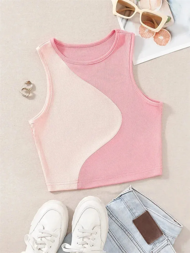 Patchwork Rib Knit Sleeveless Crop Top - Tank Top Tee