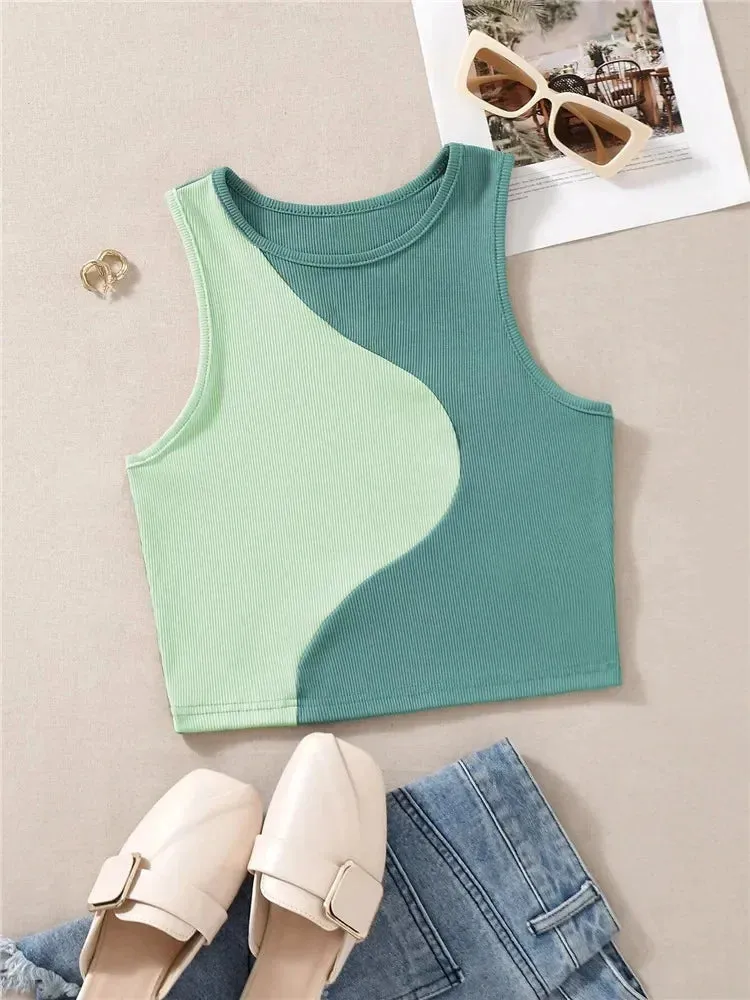 Patchwork Rib Knit Sleeveless Crop Top - Tank Top Tee