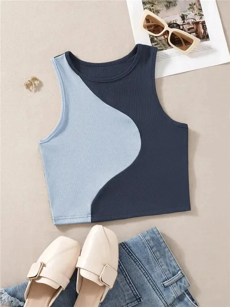 Patchwork Rib Knit Sleeveless Crop Top - Tank Top Tee