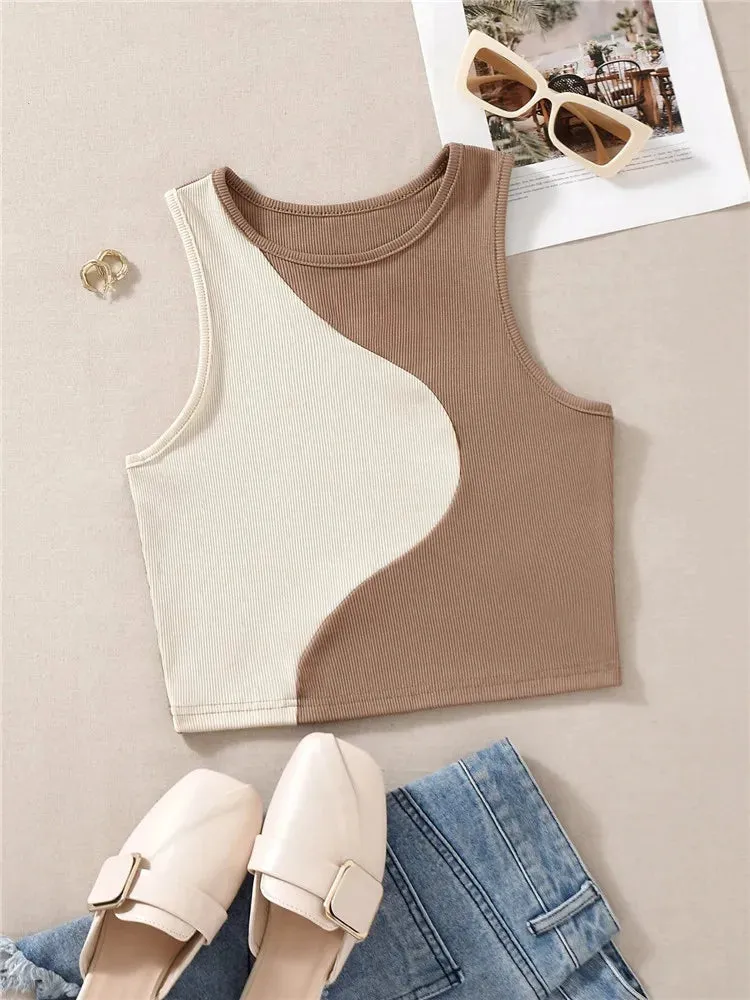 Patchwork Rib Knit Sleeveless Crop Top - Tank Top Tee