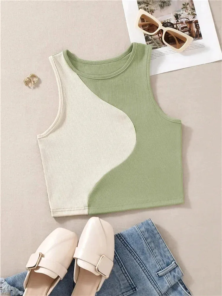 Patchwork Rib Knit Sleeveless Crop Top - Tank Top Tee