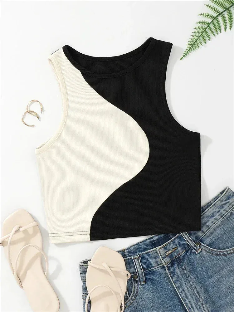 Patchwork Rib Knit Sleeveless Crop Top - Tank Top Tee