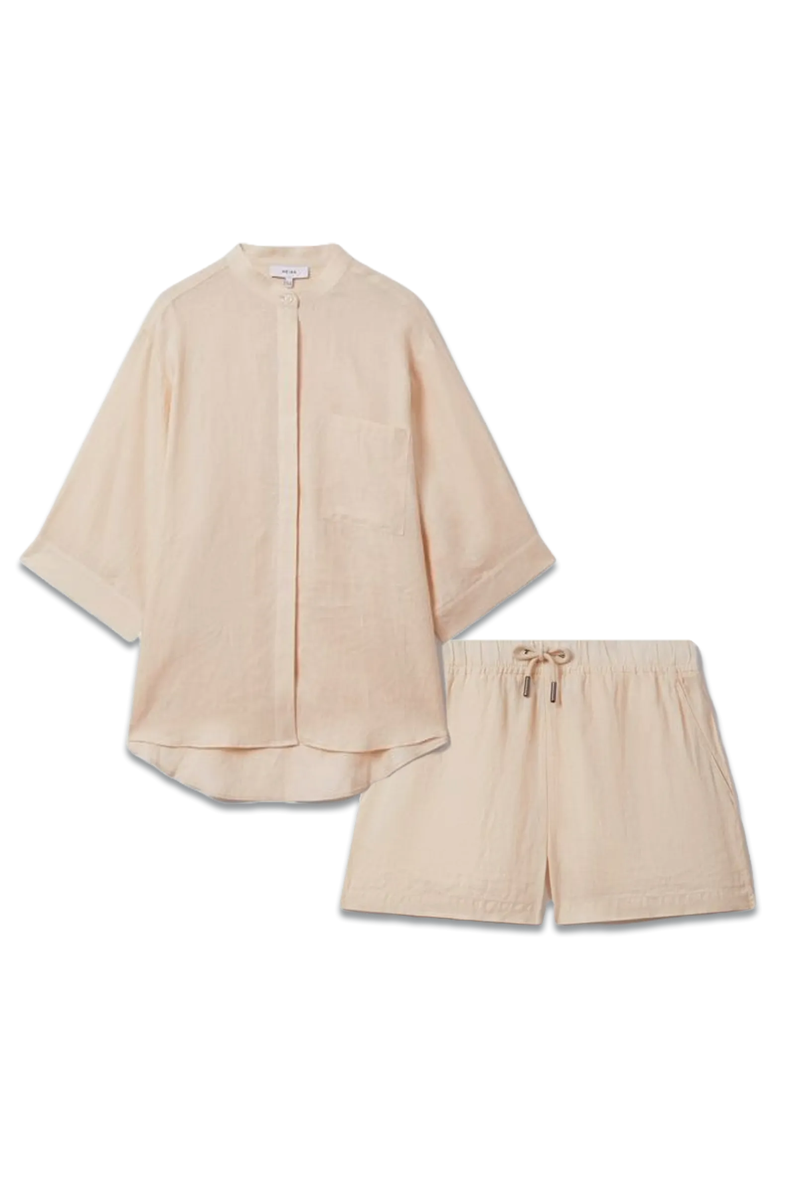 Relaxed Sleeve Linen Shirt and Linen Garment Dyed Drawstring Shorts